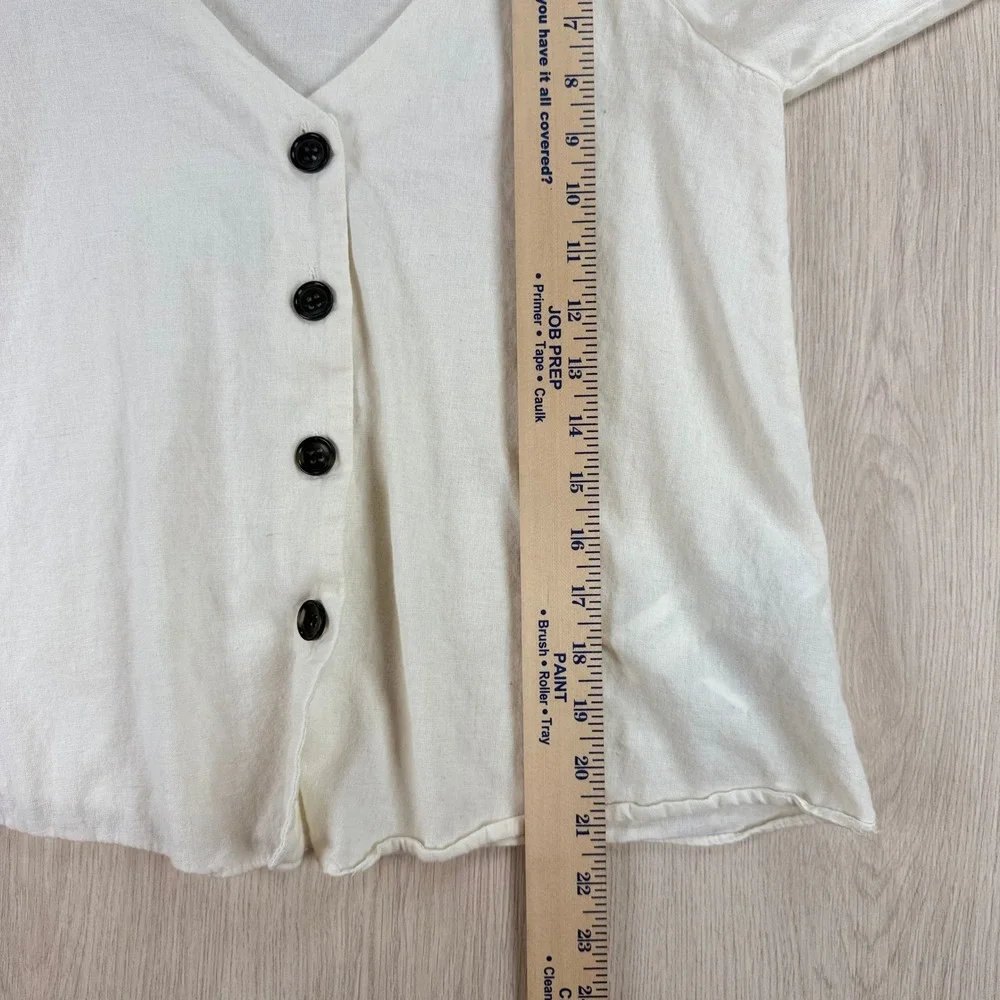 Blouse Zara Womens Medium Cream Cotton Linen Puff Sleeve V-Neck Button Front